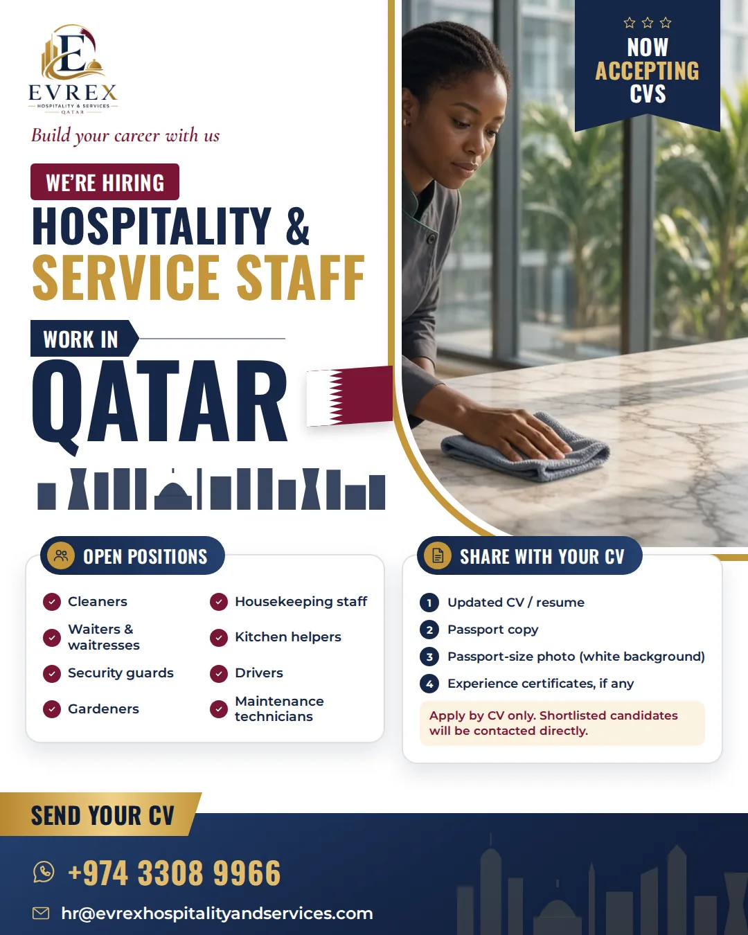 We're hiring hospitality and service staff — send your CV