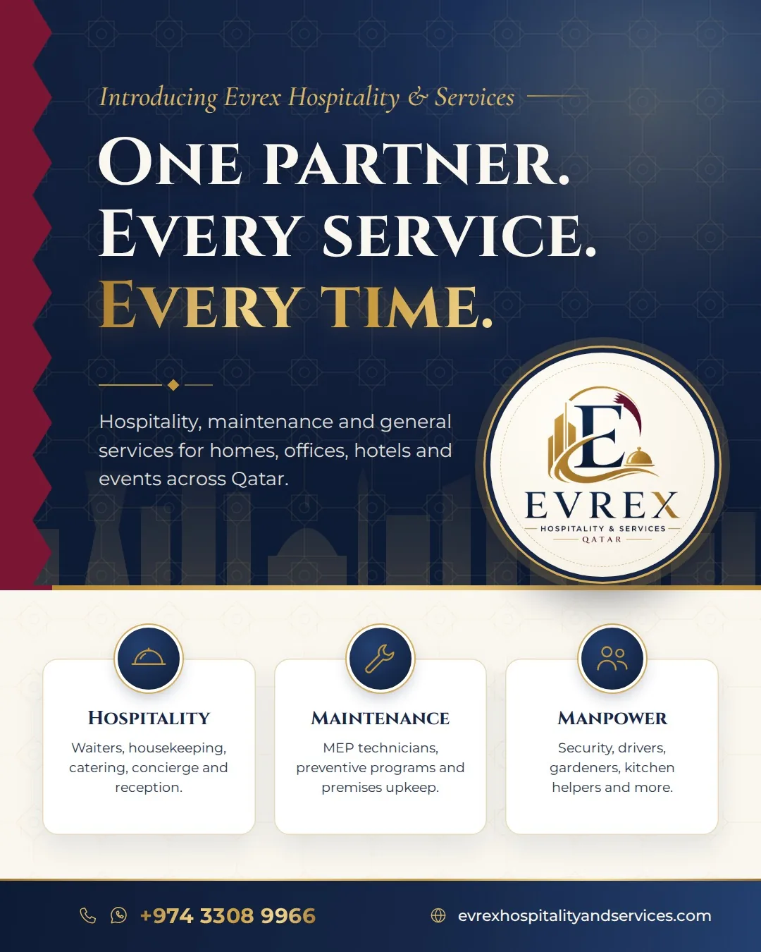 One partner. Every service. Every time. — Evrex introduction poster