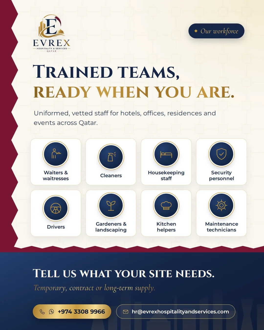 Trained teams, ready when you are — Evrex workforce poster